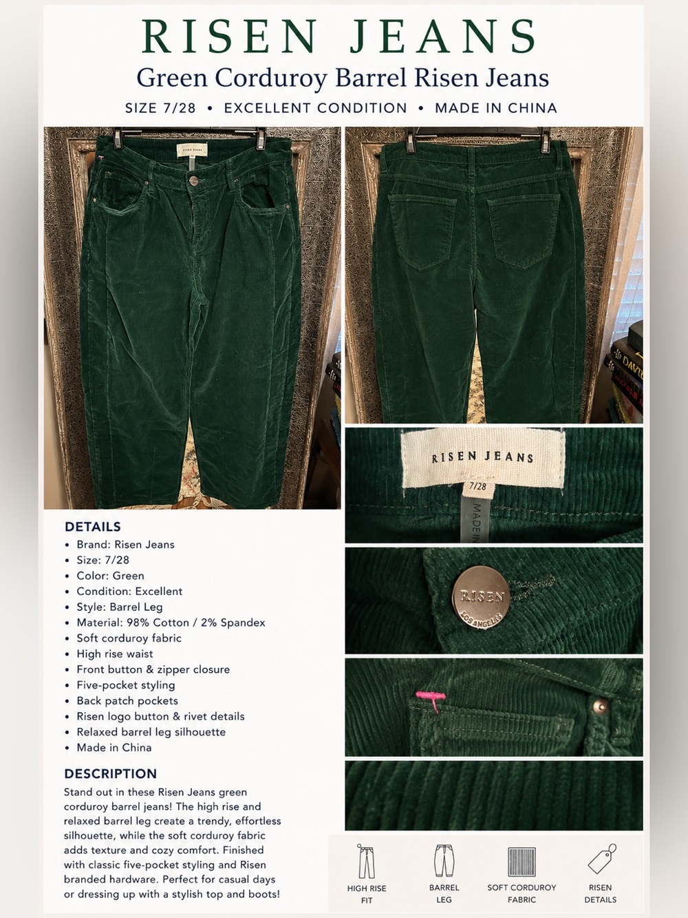 Risen Jeans Green Corduroy Barrel Leg Jeans
